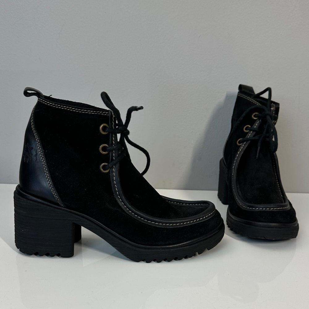 Fly London Wins Black Suede Block Heel Lace Up Ankle Boots Size 37(6.5-7)